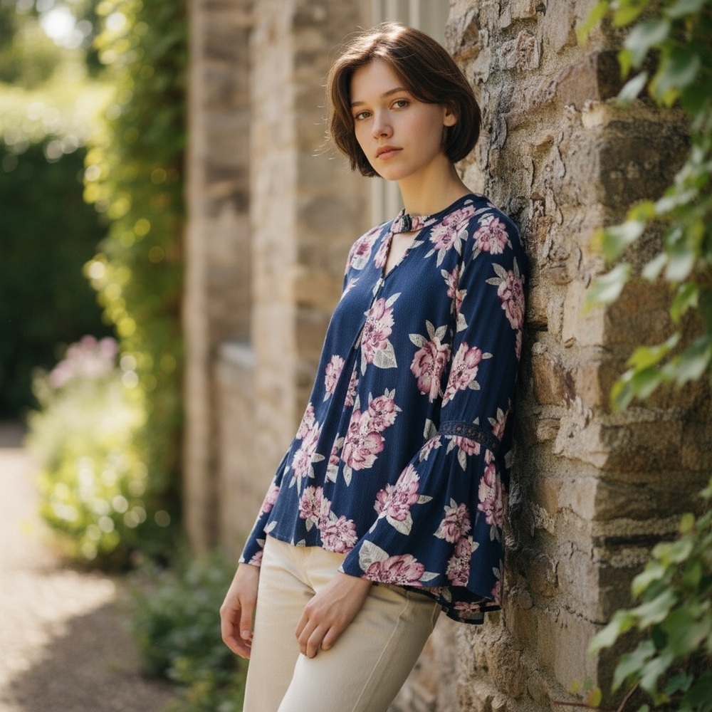 Altar'd State Blue Boho Floral Choker Neck Blouse Bell Sleeves Gypsy Womens Sz M